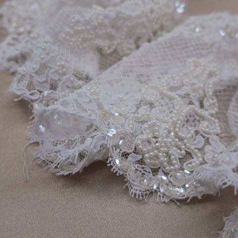 White French Beaded Floral Corded Lace Trim - Rex Fabrics