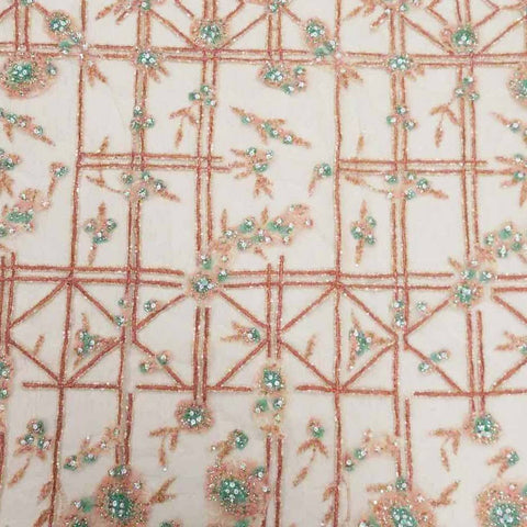 Bronze and Orange Abstract Embroidered Tulle Fabric - Rex Fabrics