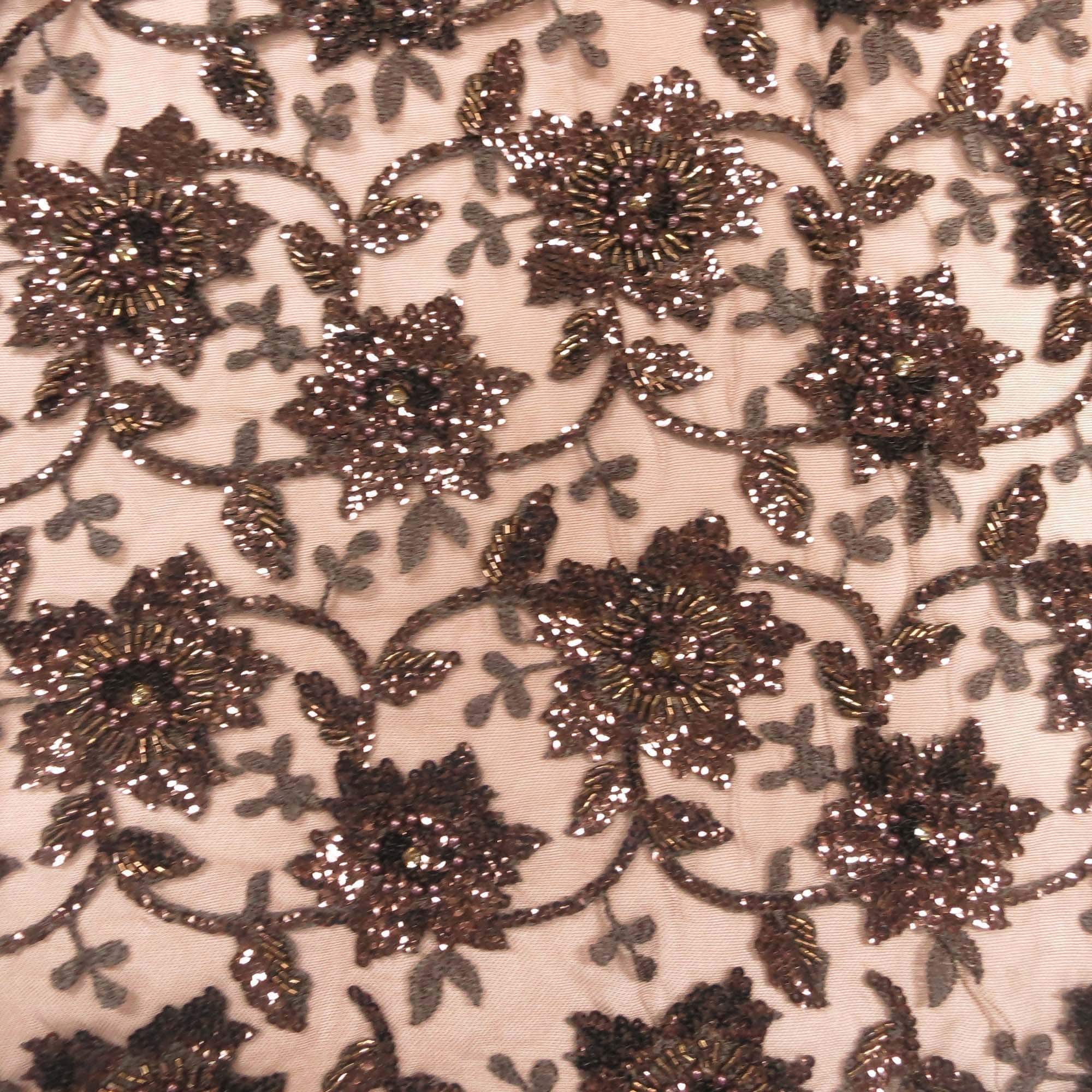 Brown Floral Sequin Beaded Embroidered Tulle Fabric Rex Fabrics