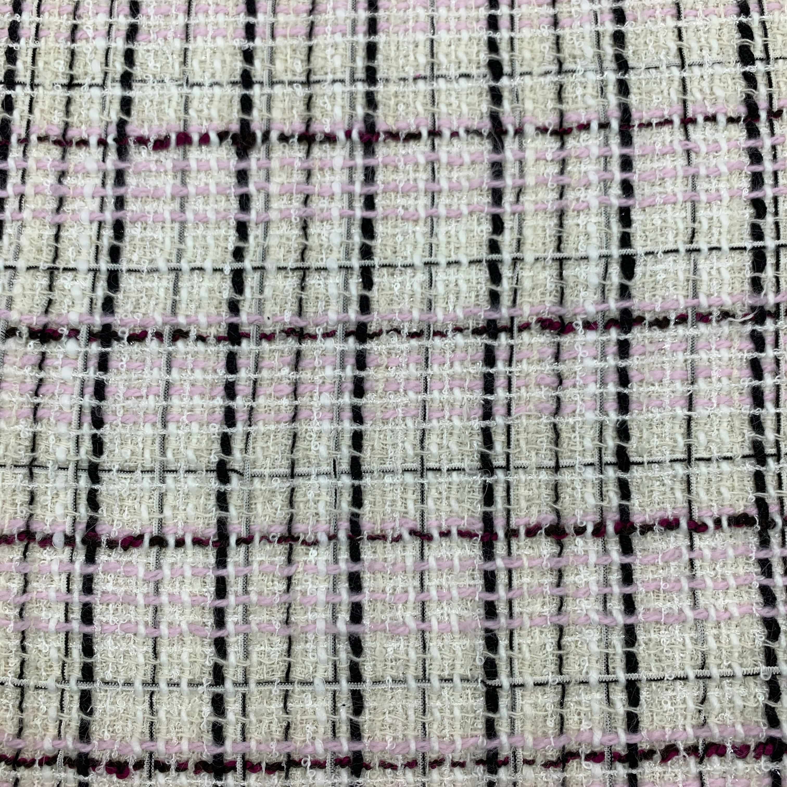 Off-white with Pink Accent Windowpane Tweed/ Boucle Fabric