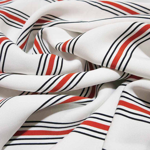 White with Black and Red Striped Printed Crepe - Rex Fabrics