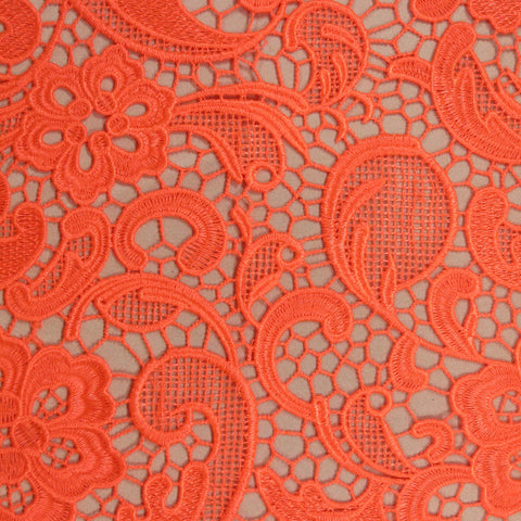 Fluorescent Orange Floral Paisley Guipure Lace - Rex Fabrics