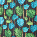 Brown Background with Green and Aqua Monstera Leaves Multicolored Floral Printed Polyester - Rex Fabrics