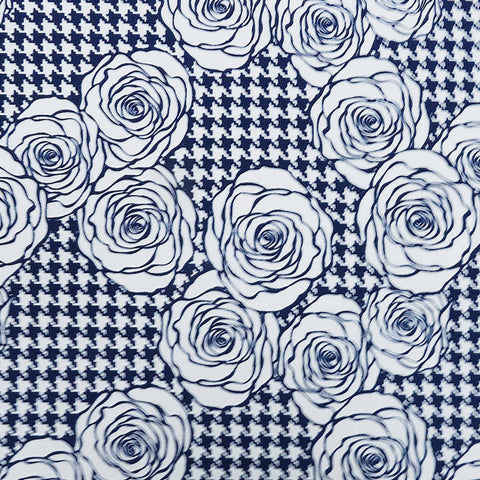 Navy Floral on Houndstooth Printed Polyester Crepe - Rex Fabrics