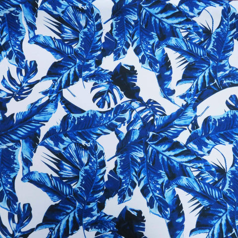 Cerulean Blue Leaves Printed on White Background Silk - Rex Fabrics