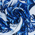 Cerulean Blue Leaves Printed on White Background Silk - Rex Fabrics